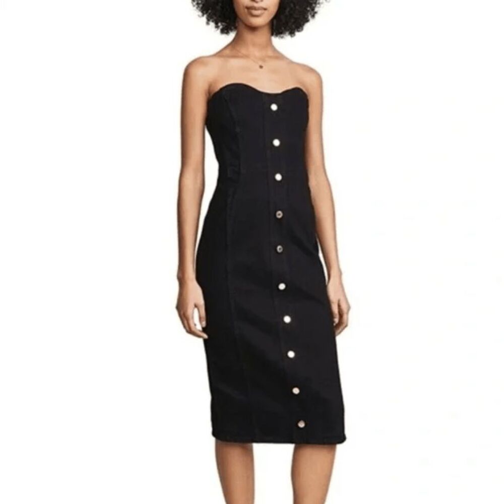 Veronica Beard Liza Strapless Dress Black Denim Stretch Back Zip Gold Hardware 6